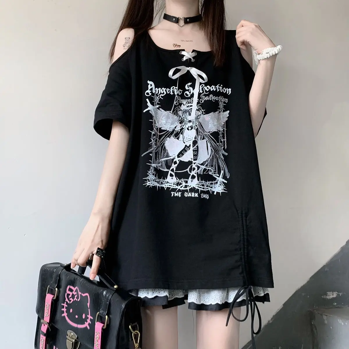 Harajuku Cartoon Print Kawaii T-shirt Women Off Shoulder Graphic T Shirts Fairy Grunge Y2k Aesthetic Tee Shirts Gothic clothing