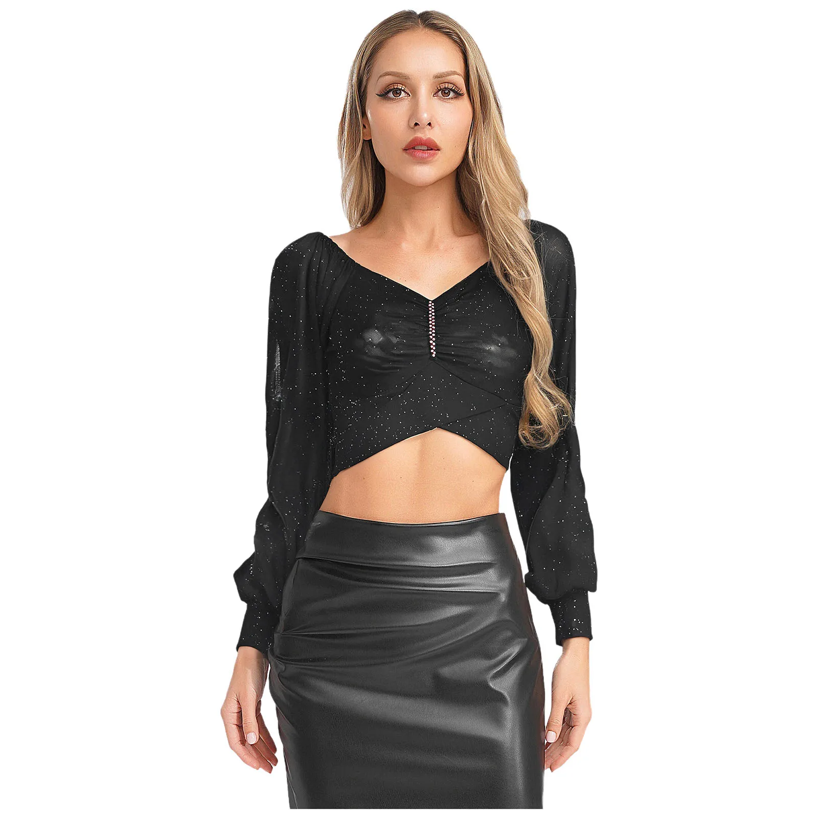 Elegantes, kurzes Top für Damen, Party, Club, langärmelig, durchscheinend, glänzend, bauchfreies Top für einen hohen Look, undichten Nabel, modisches Hemd-Top