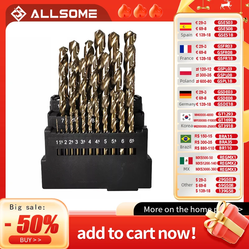 ALLSOME 13/19/25 Pcs 8 % High Cobal Hss M42 Cobalt Twist Drill Set For Stainless Steel Wood Metal Drilling 3 Edge Tool Kit