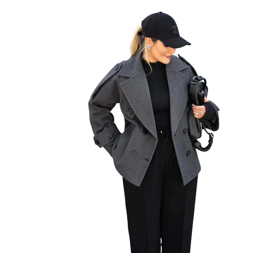 Trendy Womens Overcoat Wide Turn Collar Double Breasted Cropped Length Woolen Material Business Meeting Customized