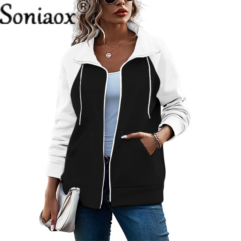 Casual Cardigan Color Blocking Sweatshirt Loose Jacket Ladies Elegant Cotton Lapel Neck Warm Pocket Women's Tops 2022 Winter 5XL