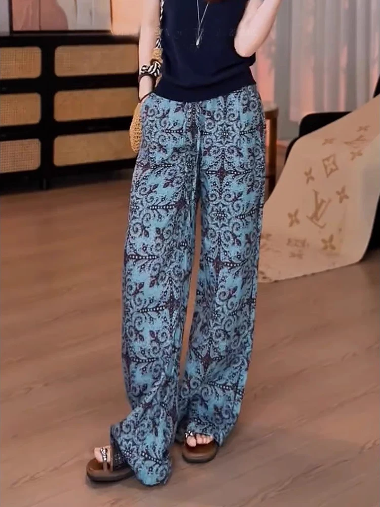 Pantaloni casual a gamba larga con gamba dritta stampata in stile europeo con lacci a vita alta, nuovi pantaloni estivi larghi e dimagranti