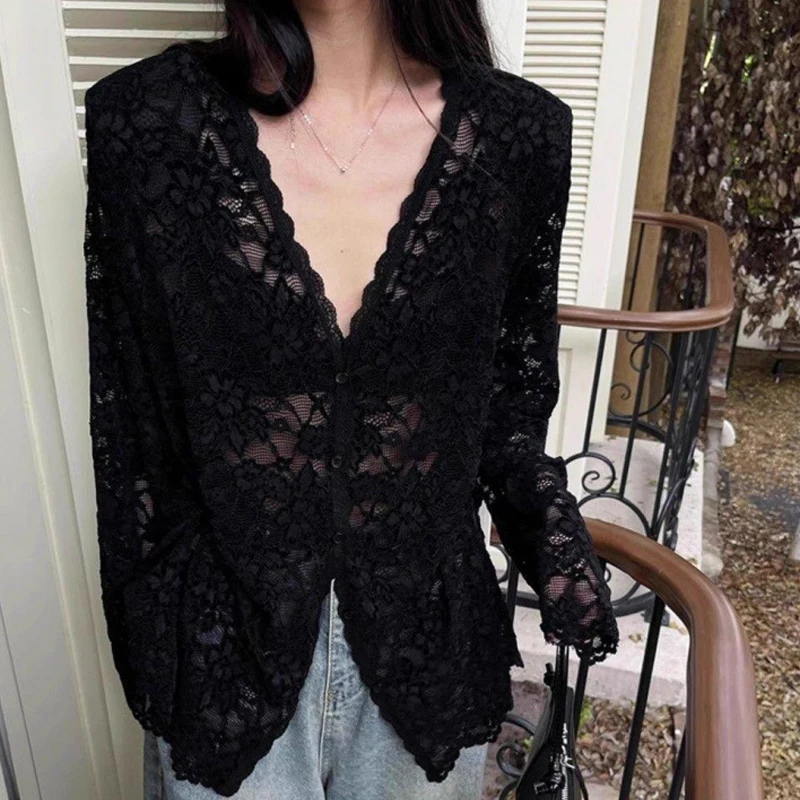

Women Sweet And Spicy Lace Hollow Shirt Fashion V-neck Long Sleeve Loose Casual Shirt