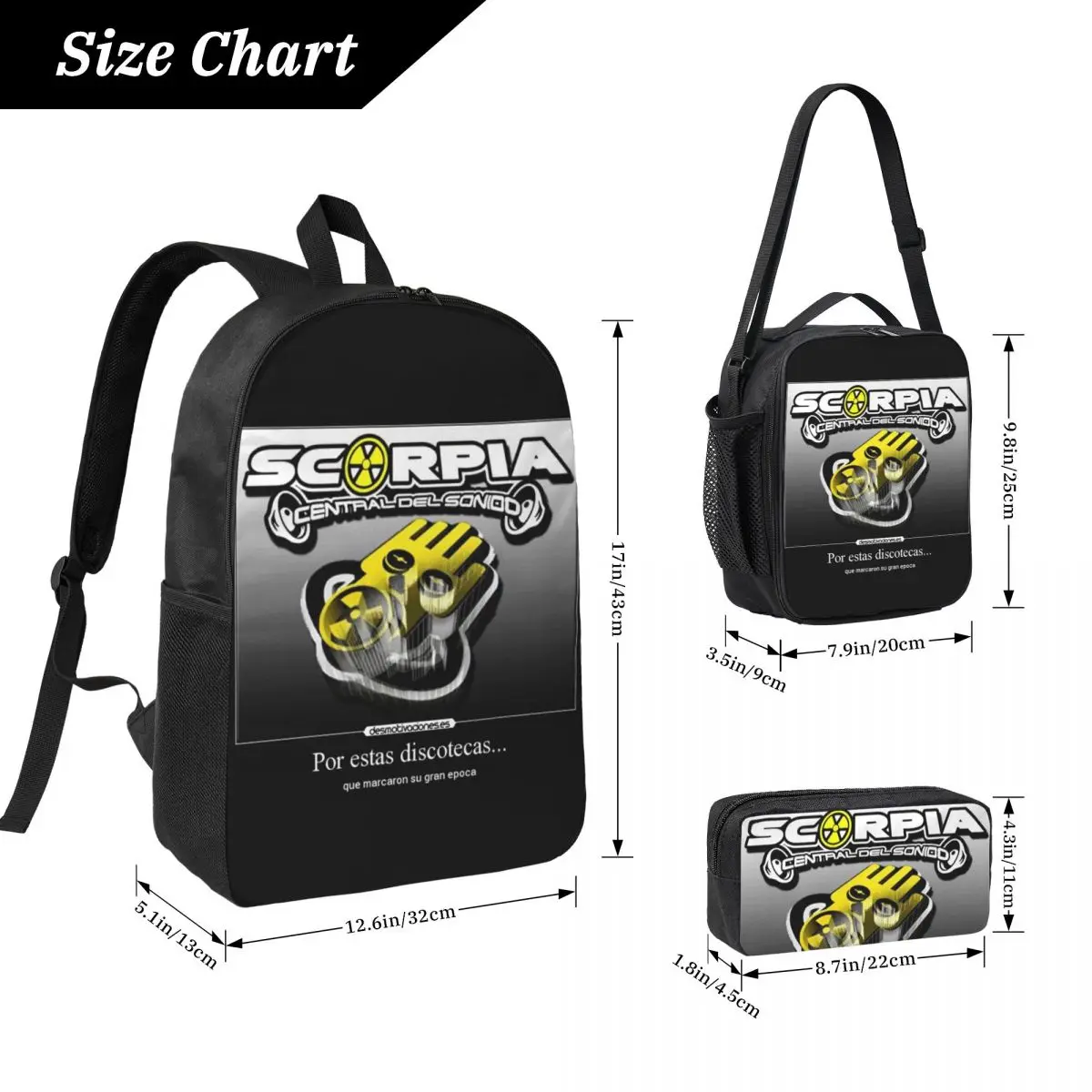Scorpia - Central Del Sonido Backpack Boys Girls BookBag School Bag Laptop Shoulder Bags 3ps Insulated Lunch Bag Pencil Case