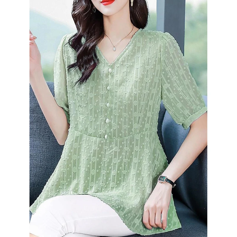 Mode V-Hals Knoop Gesplitst Effen Kleur Chiffon Blouses Dameskleding 2024 Zomer Nieuwe Losse Casual Tops Office Dame Shirts