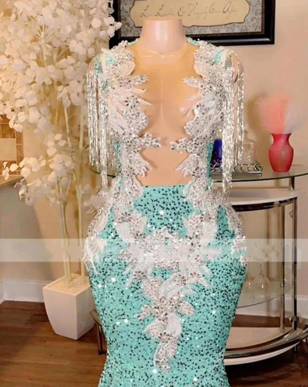 Sparkly Sequined Mint Green Prom Dress Pearls Beading Mermaid Appliques Embroidery Formal Party Evening Gowns Vestido De Fiesta