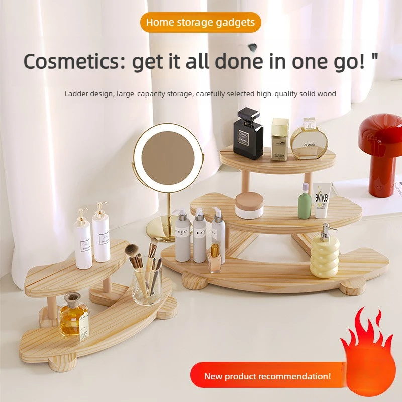Wood Tabletop Shelf Cosmetic Storage Shelf Multi-tiered Shelves Portable Beauty Skincare Doll Figurine Perfume Display Stand