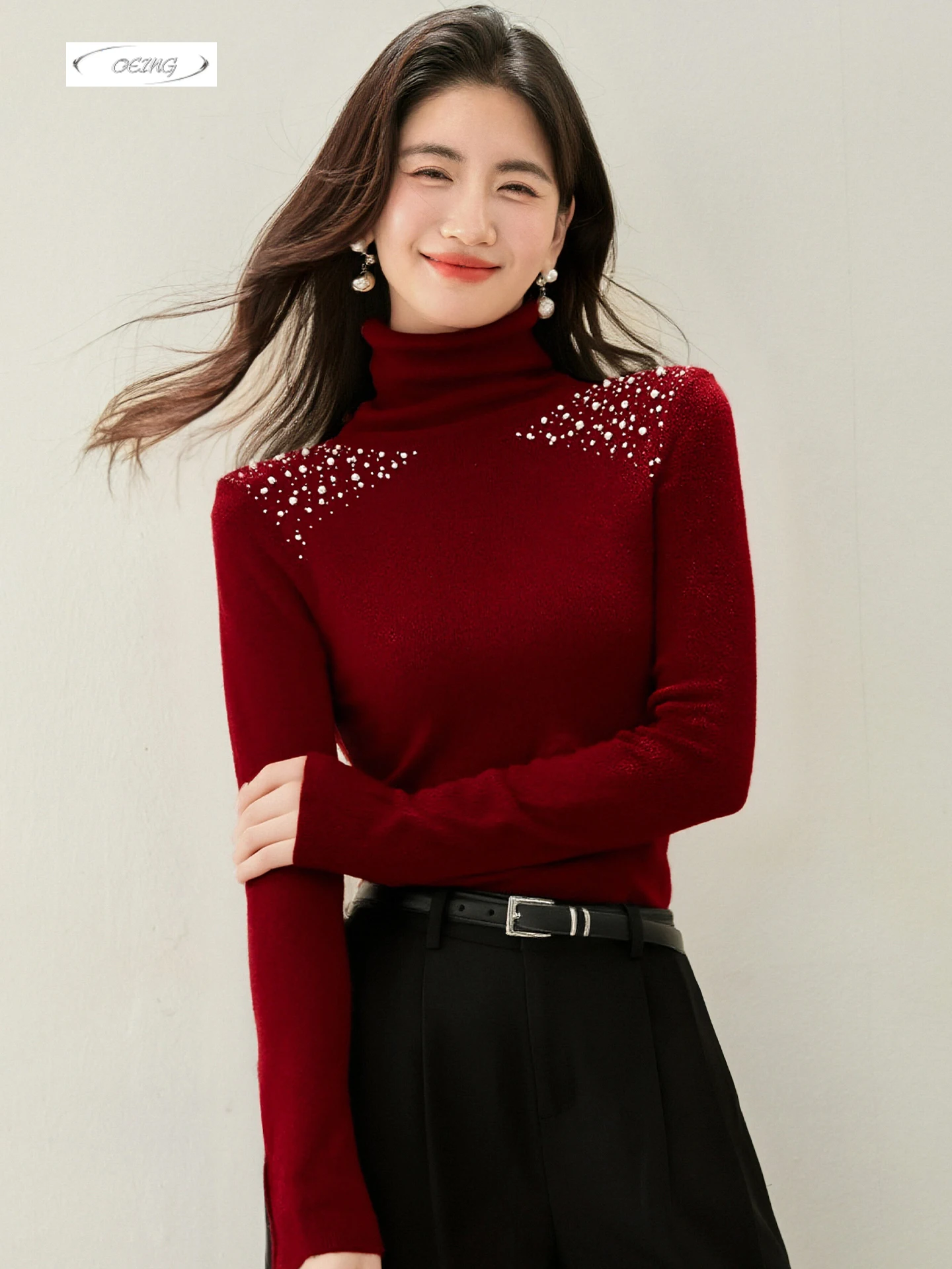 

Turtleneck Beading Red Knit Shirt Long Sleeve Slim Pullover Sweater for Women Autumn Winter Elegant Chic Tops Knitwear 9714