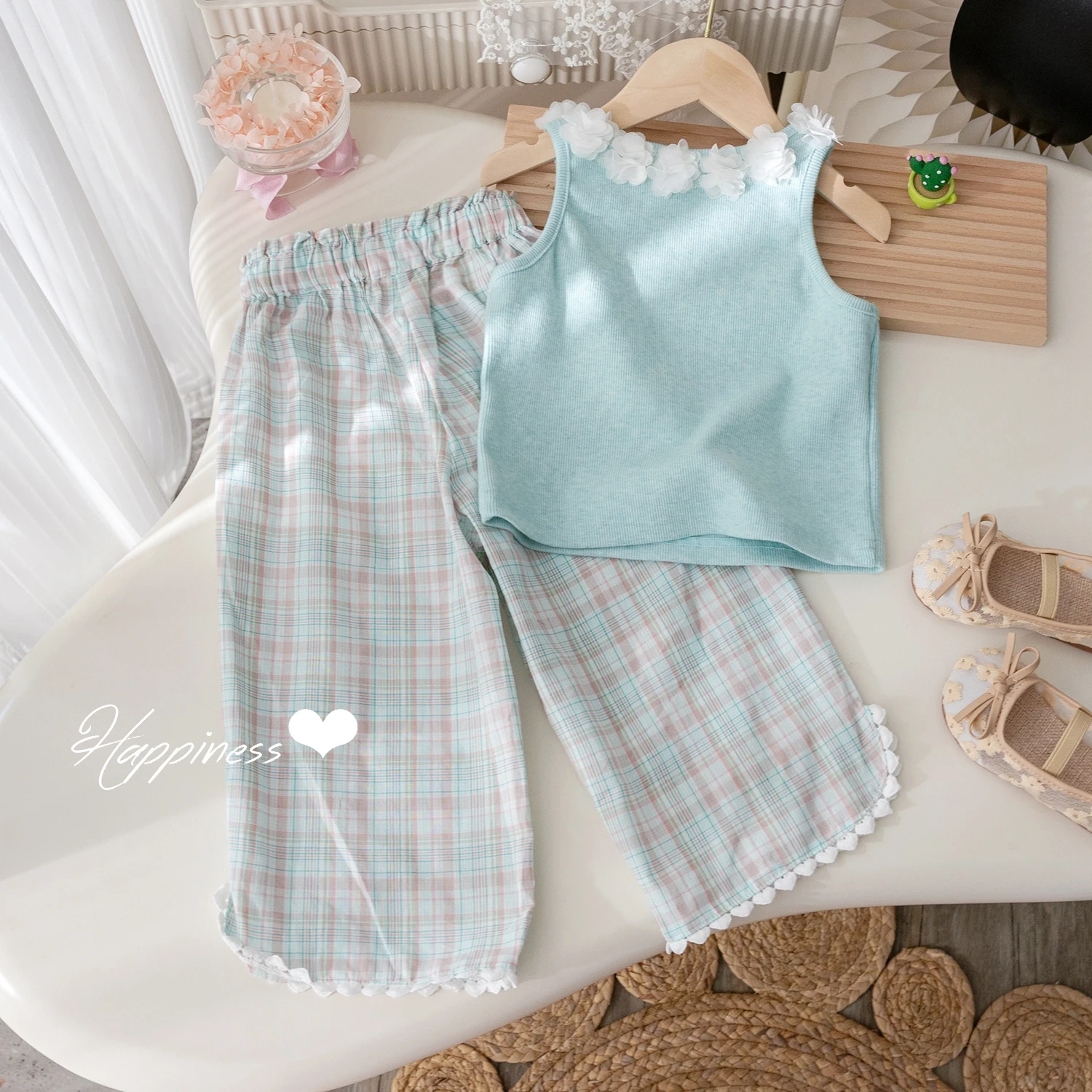 Baby Girls Summer Clothes Set Applique Blue Sleeveless Vest Embroidery Plaid Pants 2Pcs Suits Cute Kids Casual Outfits