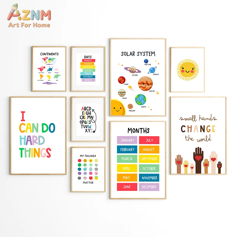 AZNM Educational Solar System Alphabet Canvas Wall Art, I Can Do Hard Things Print Poster, Unframed Montessori Learning Painting