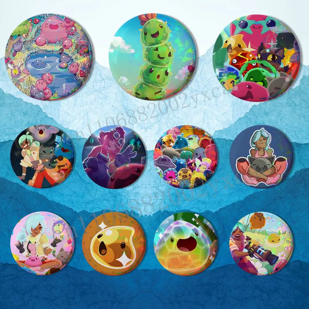 cute Naughty Slime Rancher Reflective Pin Tinplate Round Brooch Cartoon Cosplay Badges for Bag Hat Toys Gifts