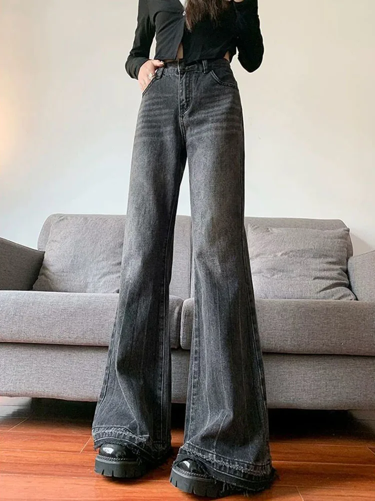 Velours épaissi mode Streetwear jean mince frangé taille haute Bootcut Denim pantalon ample rétro jambe large lavé Vaqueros