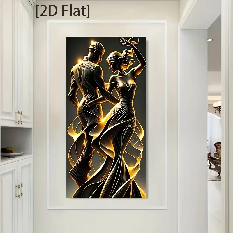 2D/Flat Frameless Abstract Wall Art Featuring Lovers in a Modern Golden And Black Theme, Measuring 23.62X47.24 Inches, Suitable