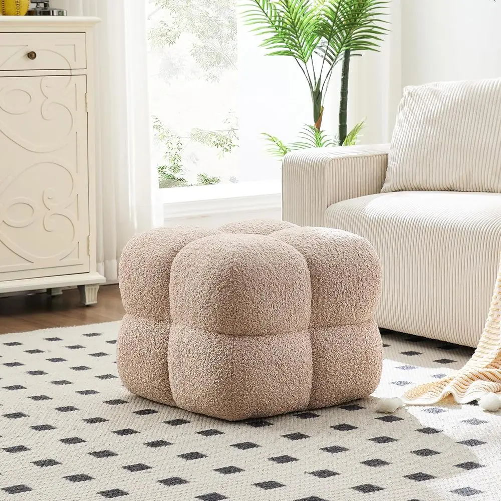 Round Fabric Ottoman Stool, Full-Coverage Ottoman Coffee Table, Elegant Vanity Stool, Plush Tufted Footrest for Various Rooms, T