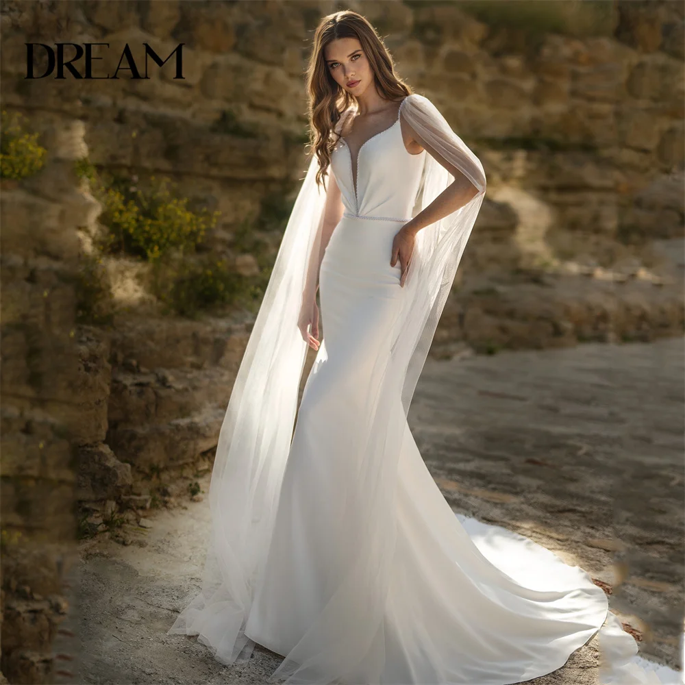 DREAM V-Neck Pleat Mermaid Wedding Dress 2025 Cap Sleeve Open Back Beading Sweep Train Bridal Gown Vestidos De Novia Customized