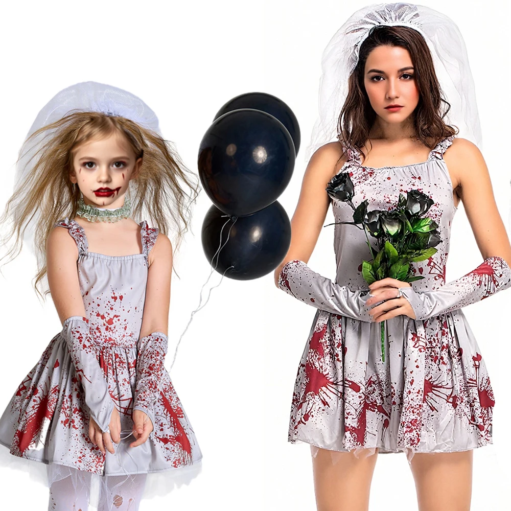 

Bloodstained Ghost Cosplay Costume Bride Dress Halloween Vampire Clothes Gray Dress Veil Sleeve Horror Accessory Masquerade Suit