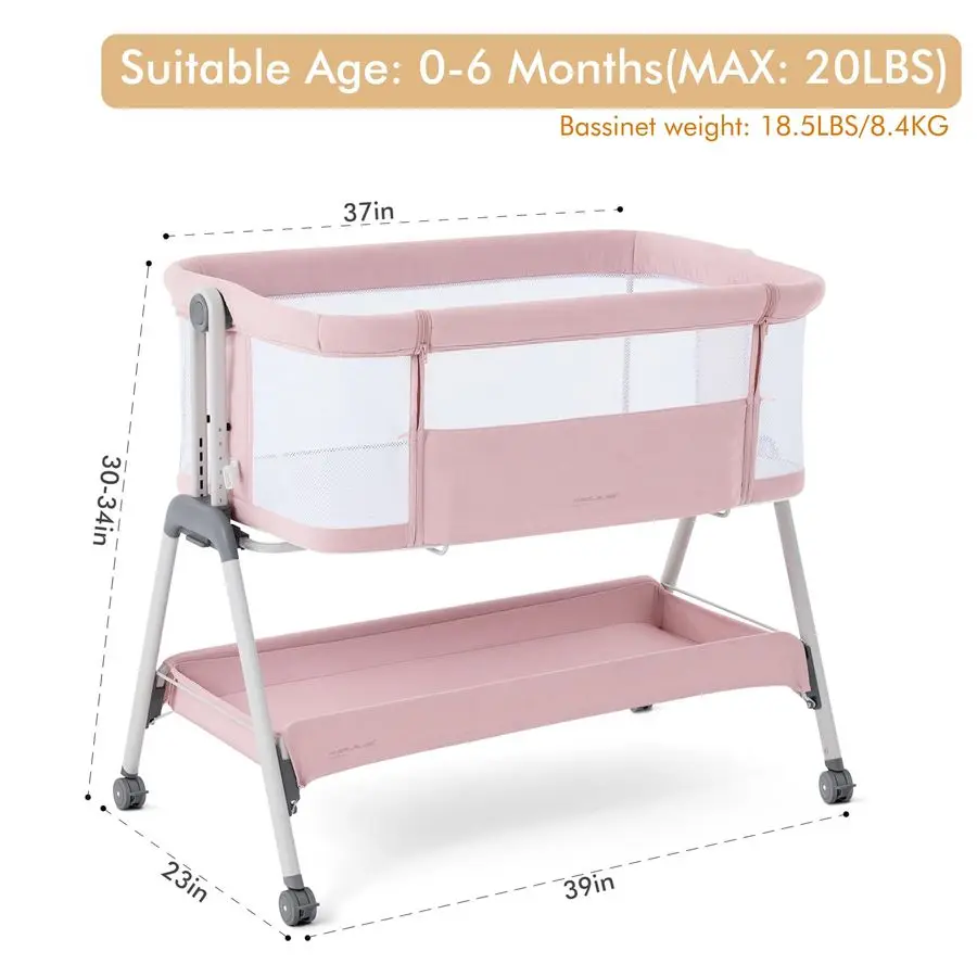 Baby Bassinet Bedside Sleeper, Easy Folding Portable Bassinet for Baby Girl with Wheels, Adjustable Height, Included Mattress Pi