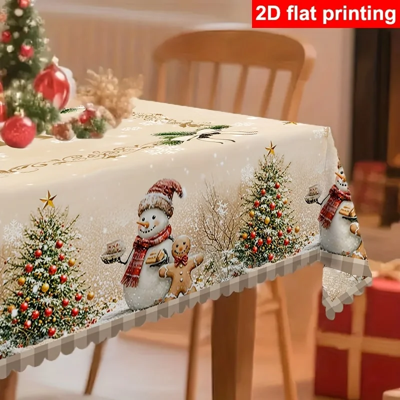 A vintage-style pressed-edge winter snowman and gingerbread man Christmas tablecloth - durable polyester
