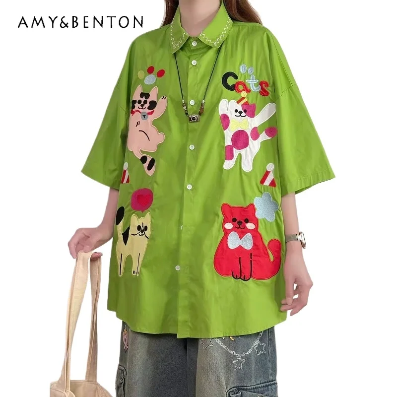

Summer New Original Japanese Fun Cat Embroidered Short-sleeved Top Shirt Women's Retro Loose Lapel Single-breasted Blouse Ladies
