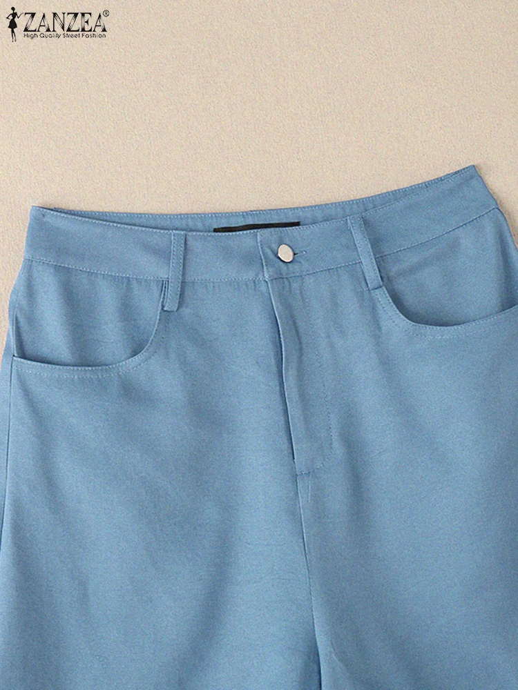 ZANZEA, pantalones cortos tipo mezclilla con ribete de encaje a la moda para mujer, pantalones cortos con cremallera de Color sólido, ropa informal diaria de verano 2025, pantalones para mujer