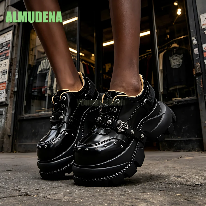 

Women Gothic Platform Shoes Black Patent Leather Rivet Buckle Chunky Sole Punk Streetwear Lace-Up Casual Creepers Sizes 34-40
