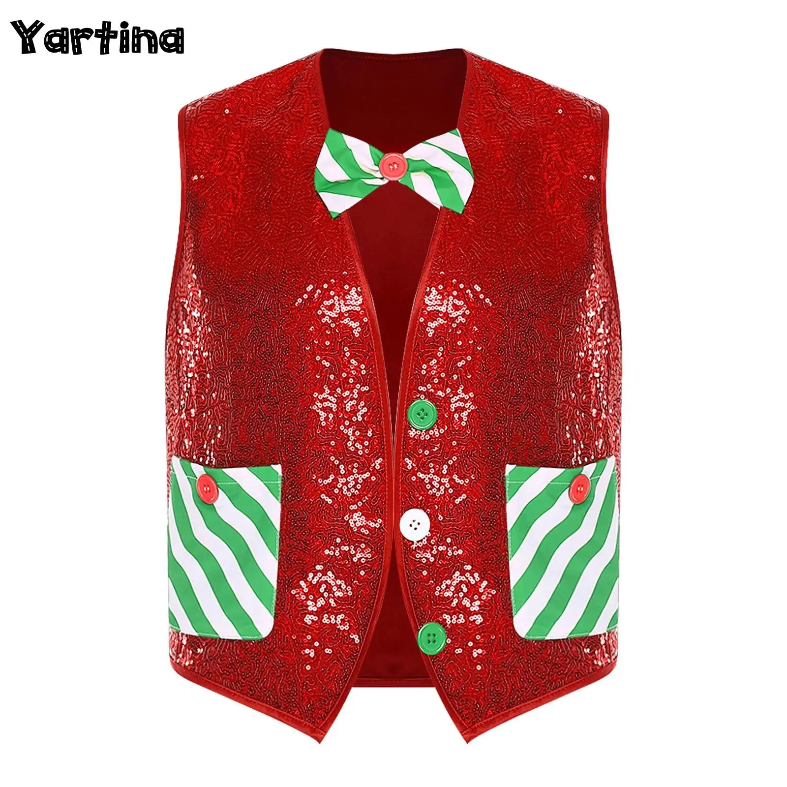 

Mens Christmas Xmas Elf Vest Sequins Santa Waistcoat with Bowties Cosplay Theme Party Costume Asymmetrical Hem Striped Pockets