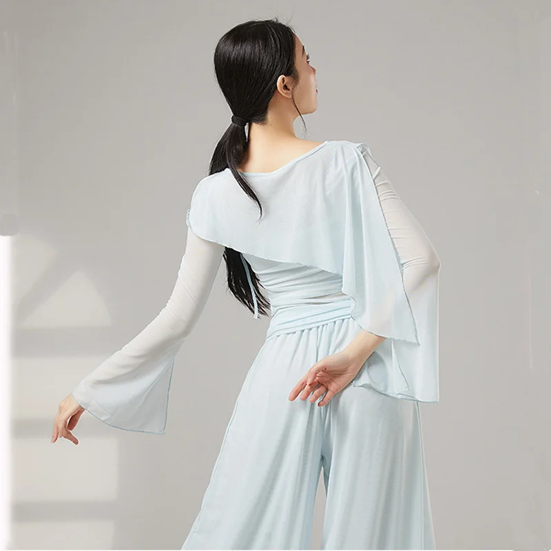 Women Classical Dance T-Shirt Flare Long Sleeve Double Layer Sheer Mesh Adult Modern Dance Top Latin Ballet Elegant Costume