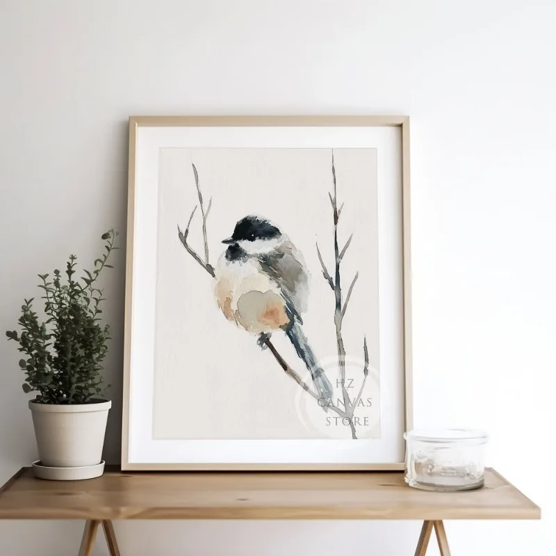 Bird Chickadee Robin Watercolor Poster and Print Bird on Branch Canvas Painting Minimalist Wall Art Picture for Room Home Decor