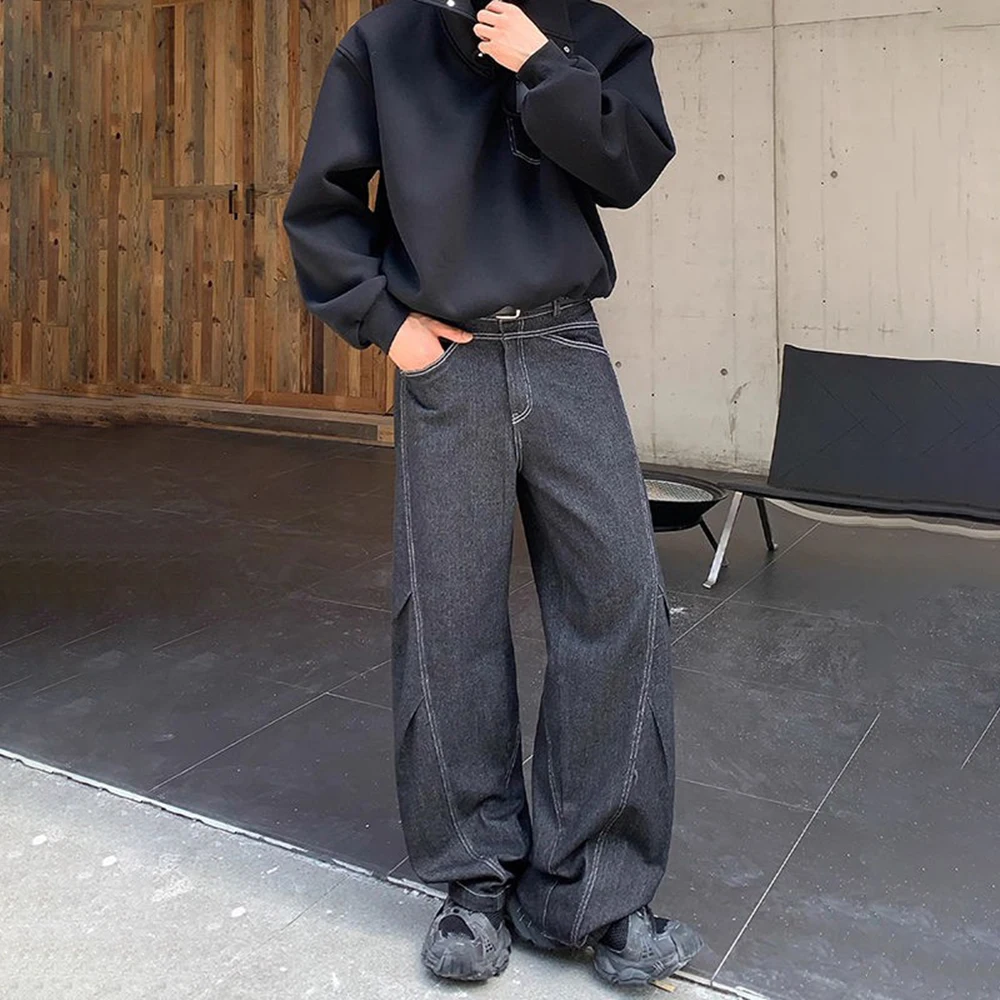 

American Street Classic Baggy Pleated Scimitar Jeans Mens 2025 Spring Autumn New Fashion Elegant Straight Loose Wide-Leg Pants