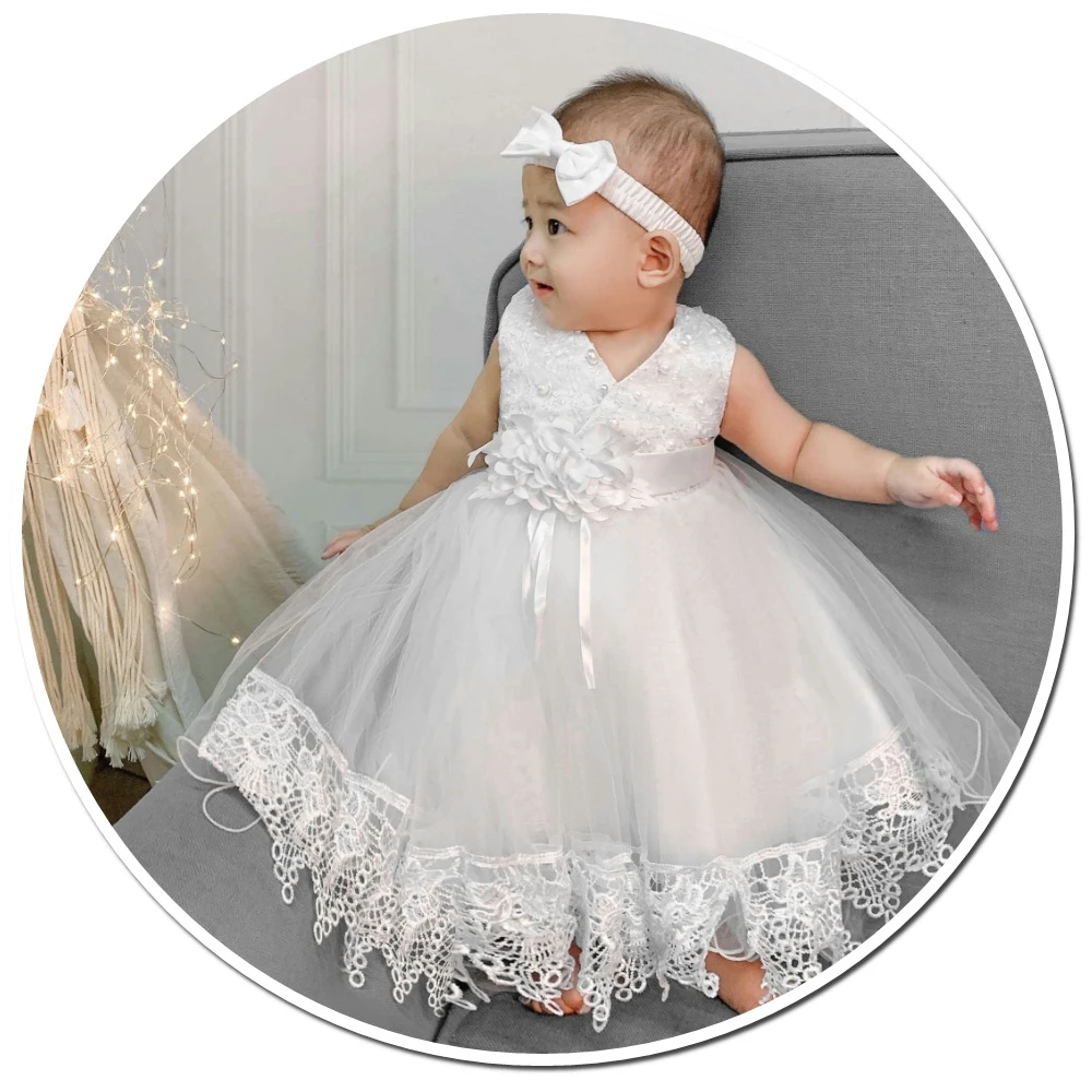 Newborn White Dress for Baby Girl Clothes 0 12 Months Infant Christening Dress+Headband Toddler Birthday Wedding Party Outfit