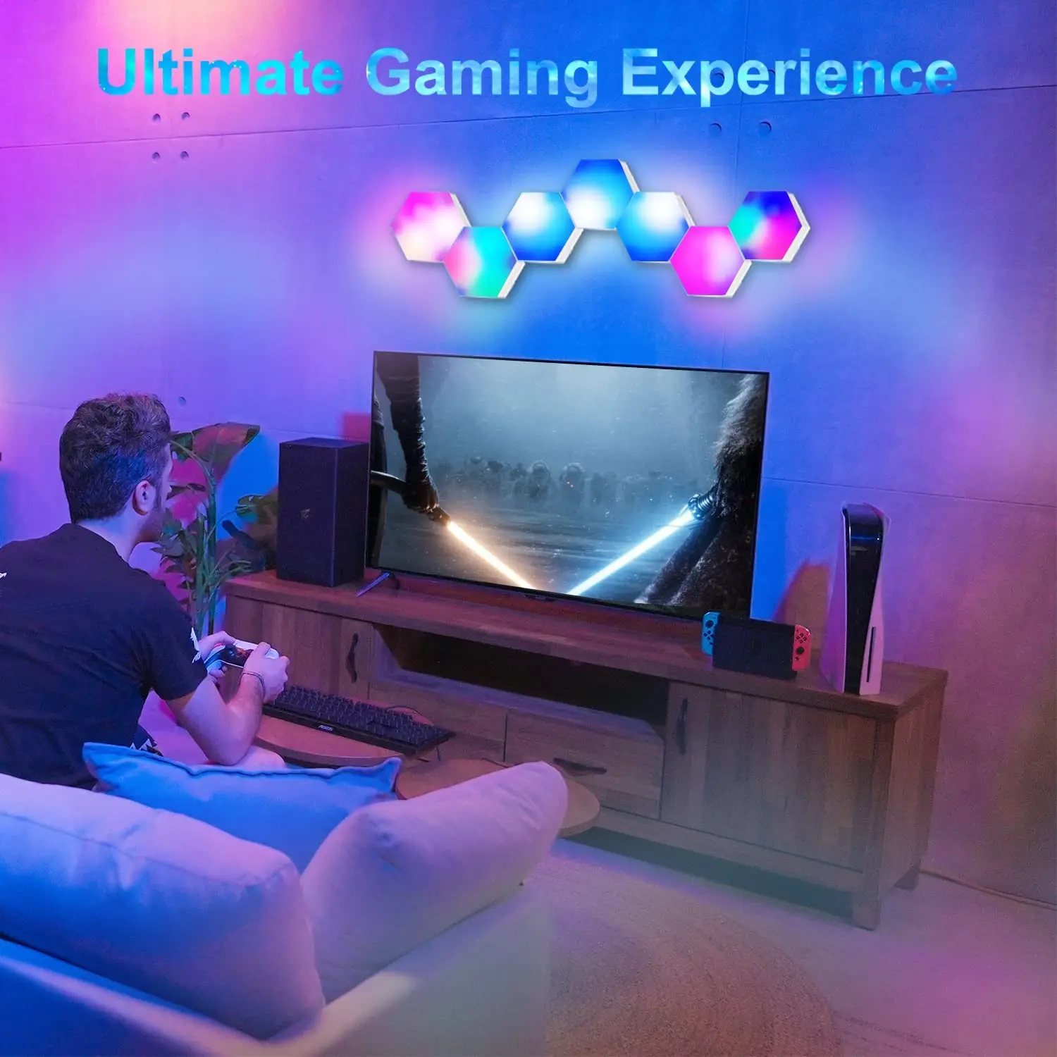 LED Hexagon Lights, Smart Hexagon Wall Lights App & Remote Control,LED Light Panels Gaming Lights for Wall Music Sync,DIY