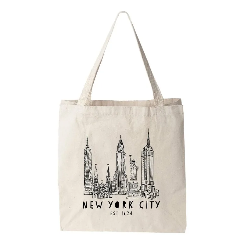 

New York City Empire State Building Statue of Liberty Chrysler Natural Canvas Bag Screenprinted Cotton Flour Sack Funny Tote Bag