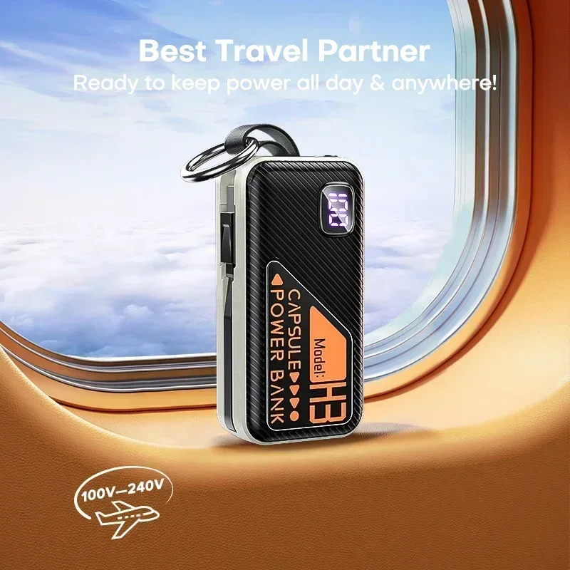 Per iPhone Samsung Xiaomi Huawei Portachiavi Display digitale Power Bank portatile Batteria esterna da 5000 mAh Caricatore cavo integrato