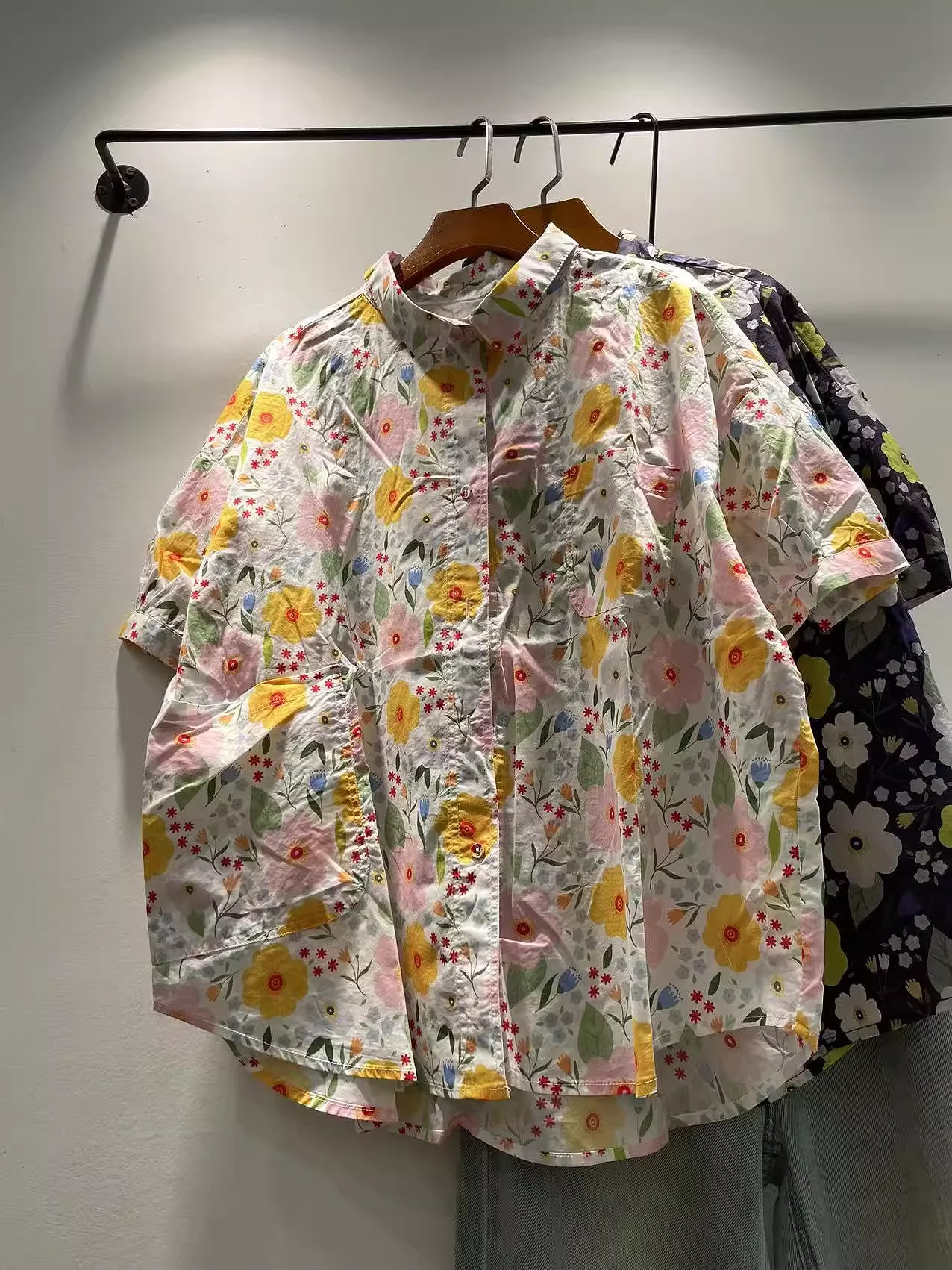 

Bust 132cm Big size blouse 100% cotton cartoon floral women's summer shirt Hawaiian shirt summer women's clothing