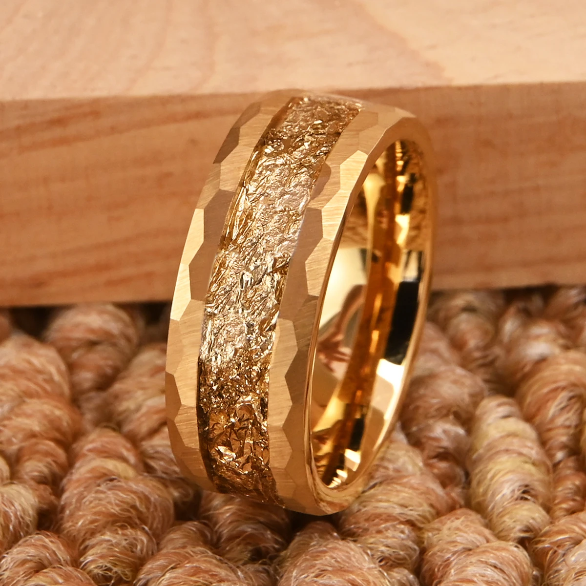 8mm hammered golden foil tungsten ring, luxury wedding ring for men, comfortable to wear, engagement commitment jewelry gift