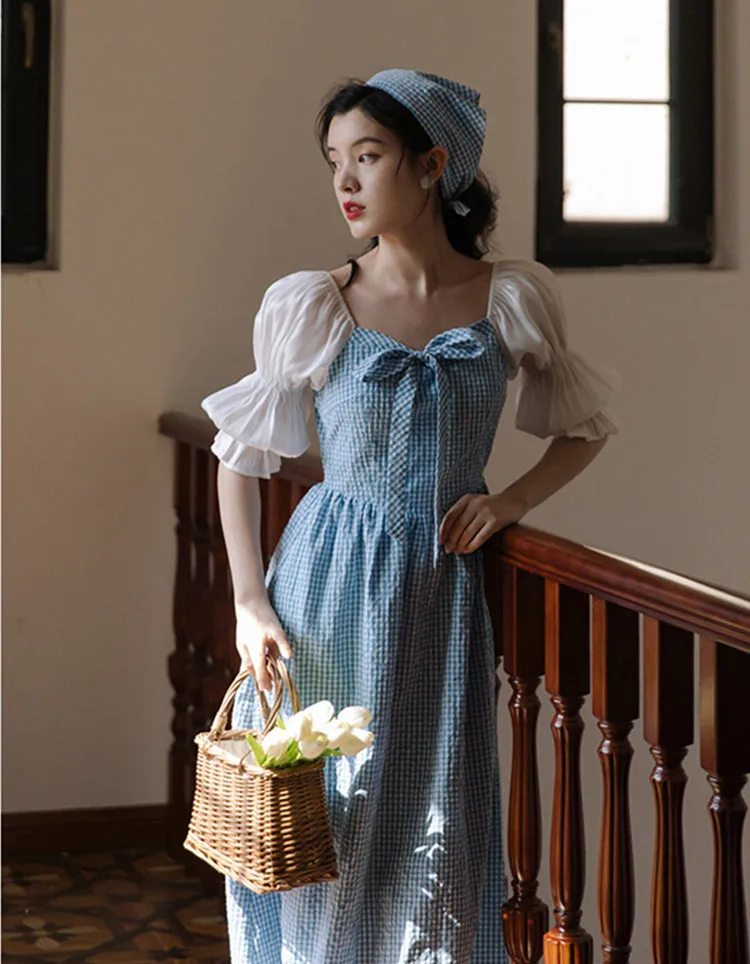 Summer Cottage Mori Girl Dress Woman Vintage Blue White Plaid Bow Puff Sleeve Prairie Chic Princess Dresses Retro Vestido Festa