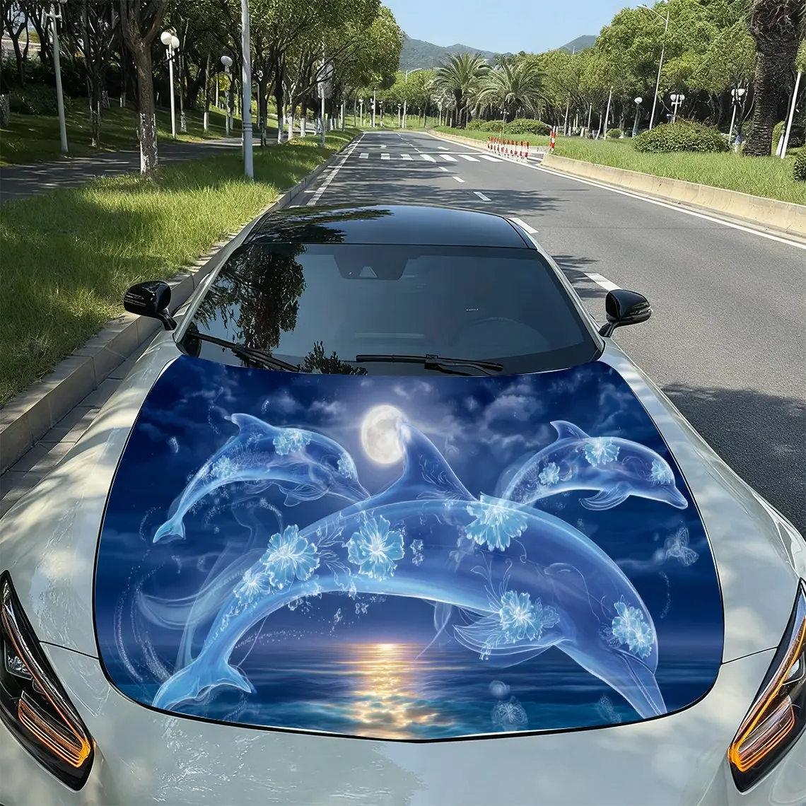 Dolphin Ocean Moonlight Trend Art PVC Car Hood Wraps, Self-Adhesive Waterproof Car Bonnet Decal Sticker, Car Decoration Protecti