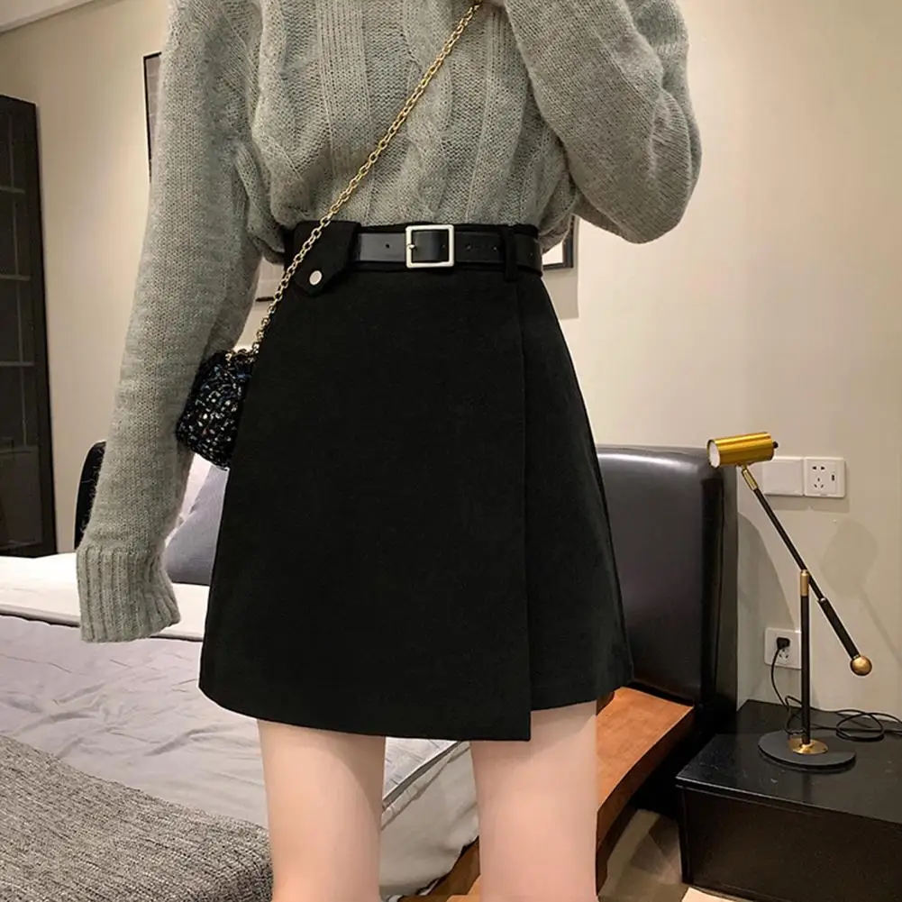 ack Zipper Mini Skirt With Belt Autumn and Winter High Waist A- line Skirt Black Skirt for Woman Skirts Faldas Jupe Streetwear