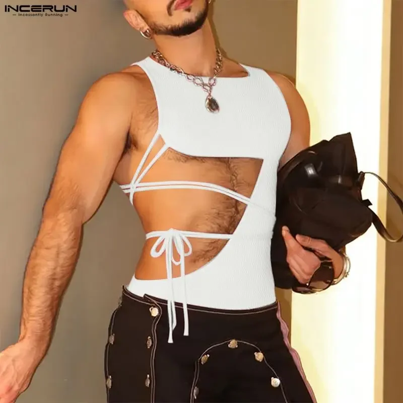 INCERUN Men's Irregular Tank Tops Solid Color Sleeveless Hollow Out Male Vests Summer Lace Up Sexy Fashion Men Clothing Tops