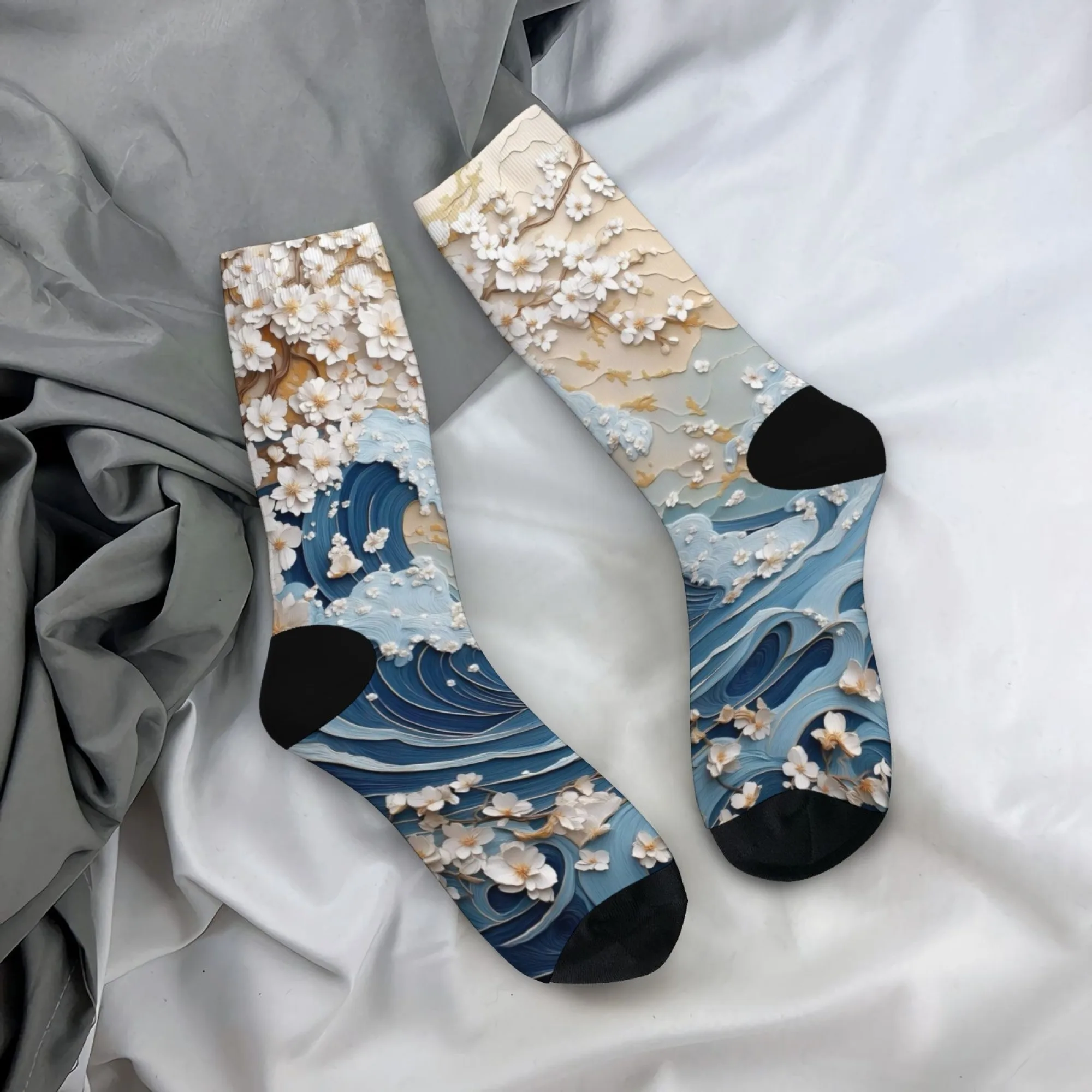 ウェーブレリーフテクスチャソックス 3Dエンボス加工 海景デザイン 日本の美的スタイル 禅 ミニマリスト クルーソックス メンズ スポーツ サイクリング