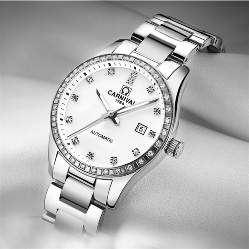 مصنع مستقيم الشعر التلقائي الميكانيكية ساعة نسائية موضة شعبية مقاوم للماء ساعة نسائية بسيطة الفولاذ المقاوم للصدأ المعصم ث