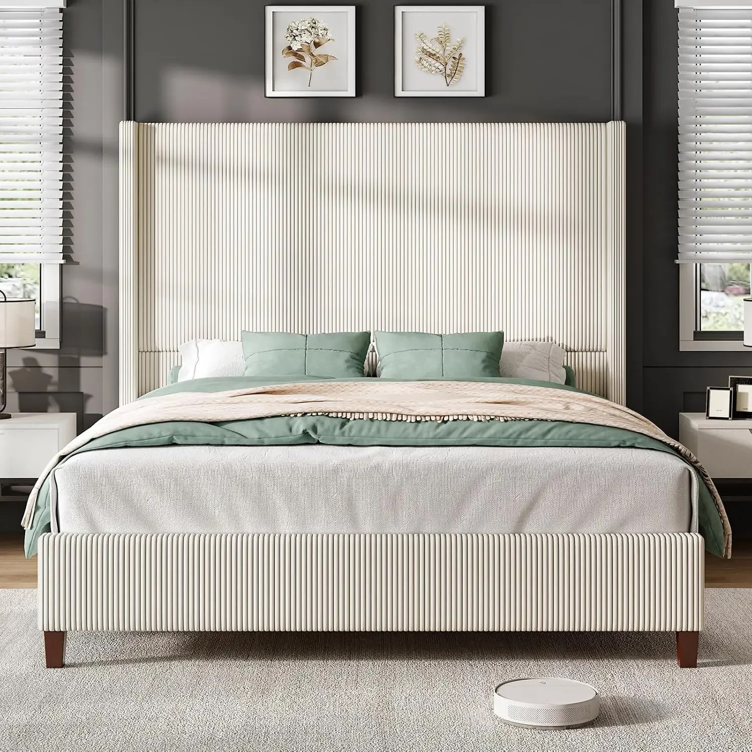 Queen Size 62" Corduroy Upholstered Bed Frame, Luxurious Platform Bed with Extra Tall Wingback Headboard and Vertical Stripe image 2