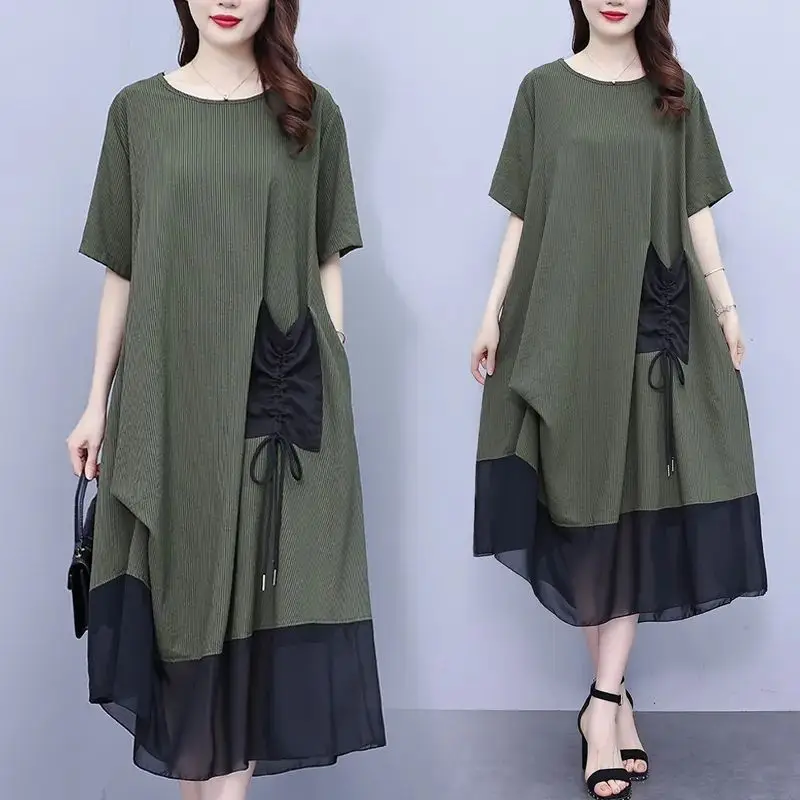 Summer Clothes for Women Fashion Patchwork Shirring Korean Round Neck Three-dimensional Decoration Short Sleeve Mid Length Dress