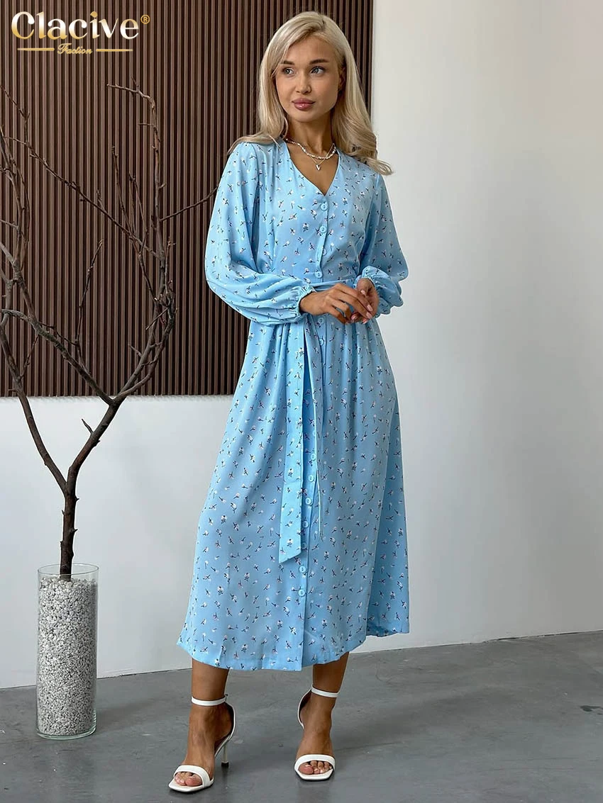 

Clacive Fashion Loose Print Women's Dress 2025 Casual V-Neck Long Sleeve Midi Dresses Elegant Classic Lace-Up Slit Female Dress