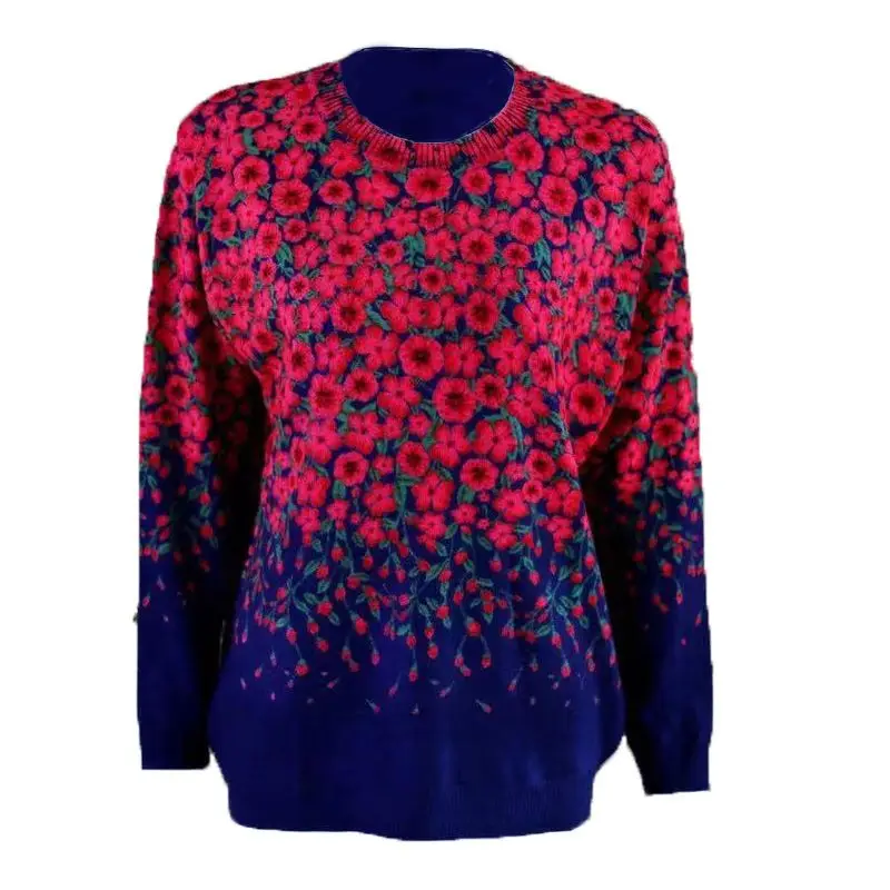 Women\'s Clothing Floral Printed Folk Jumpers Vintage Autumn Winter Casual O-Neck Commute Long Sleeve Knitted Straight Sweaters