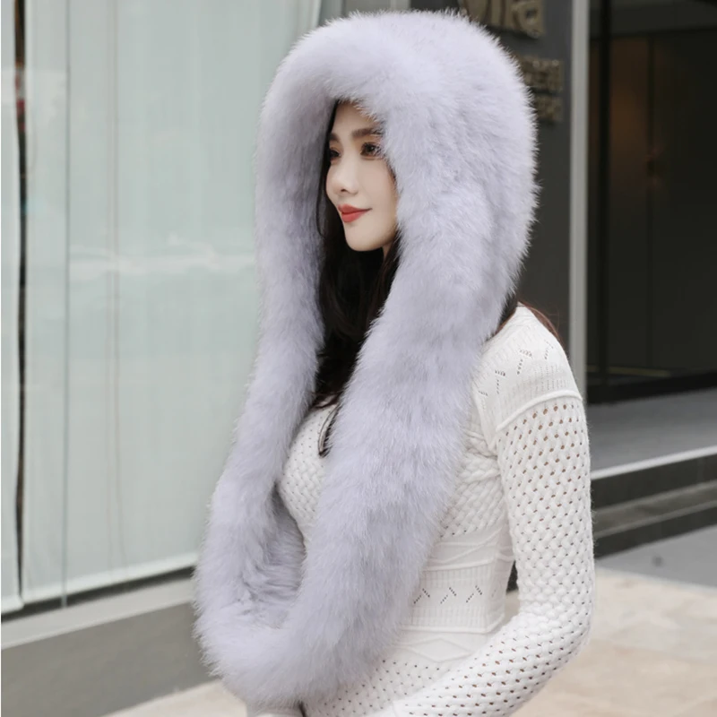 2024 Fashion Lady Real Fox Fur Hat Scarf Winter Warm Fluffy 100% Natural Fox Fur Hat Scarves Women Knitted Genuine Fur Cap Shawl