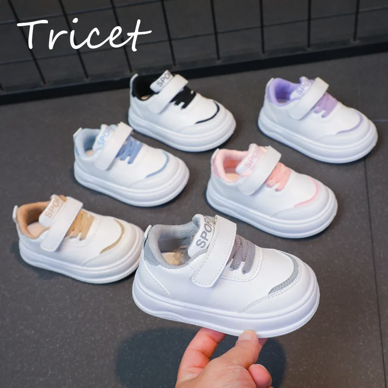 

New Children Casual Shoes White Solid Hook Loop Boys Girls Sneakers Spring Autumn PU Leather Soft Sole Kids Sport Shoes