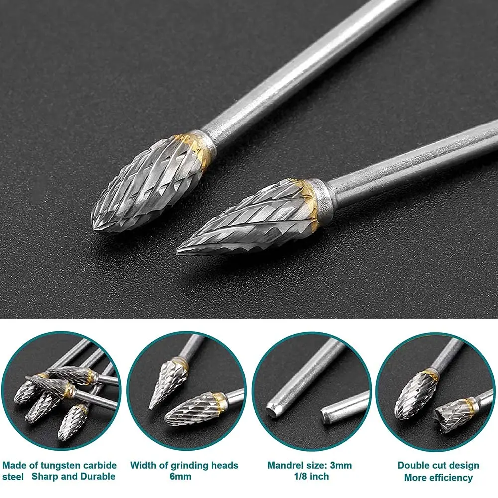 10pcs Tungsten Carbide Steel Double Cut Rotary Burrs Set for Rotary Tool, 1/8 inches Shank Fits Rotary Tool for Grinder Drill