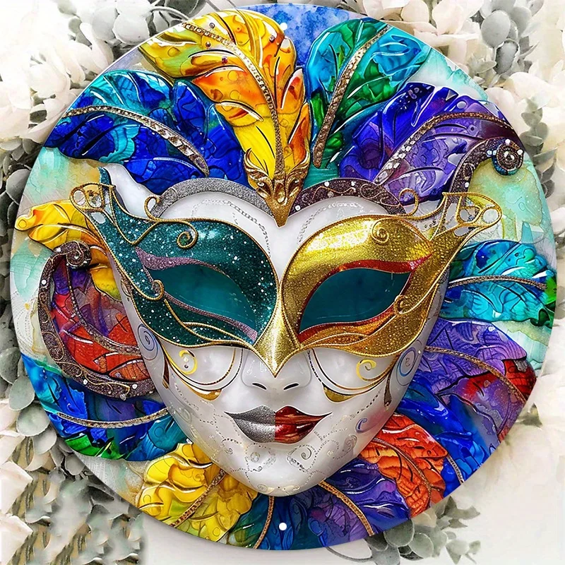 Aluminum Metal Wall Sign, Weatherproof Round Door Hanger, Vibrant Mardi Gras, Continental Colors, Textured Art Decor