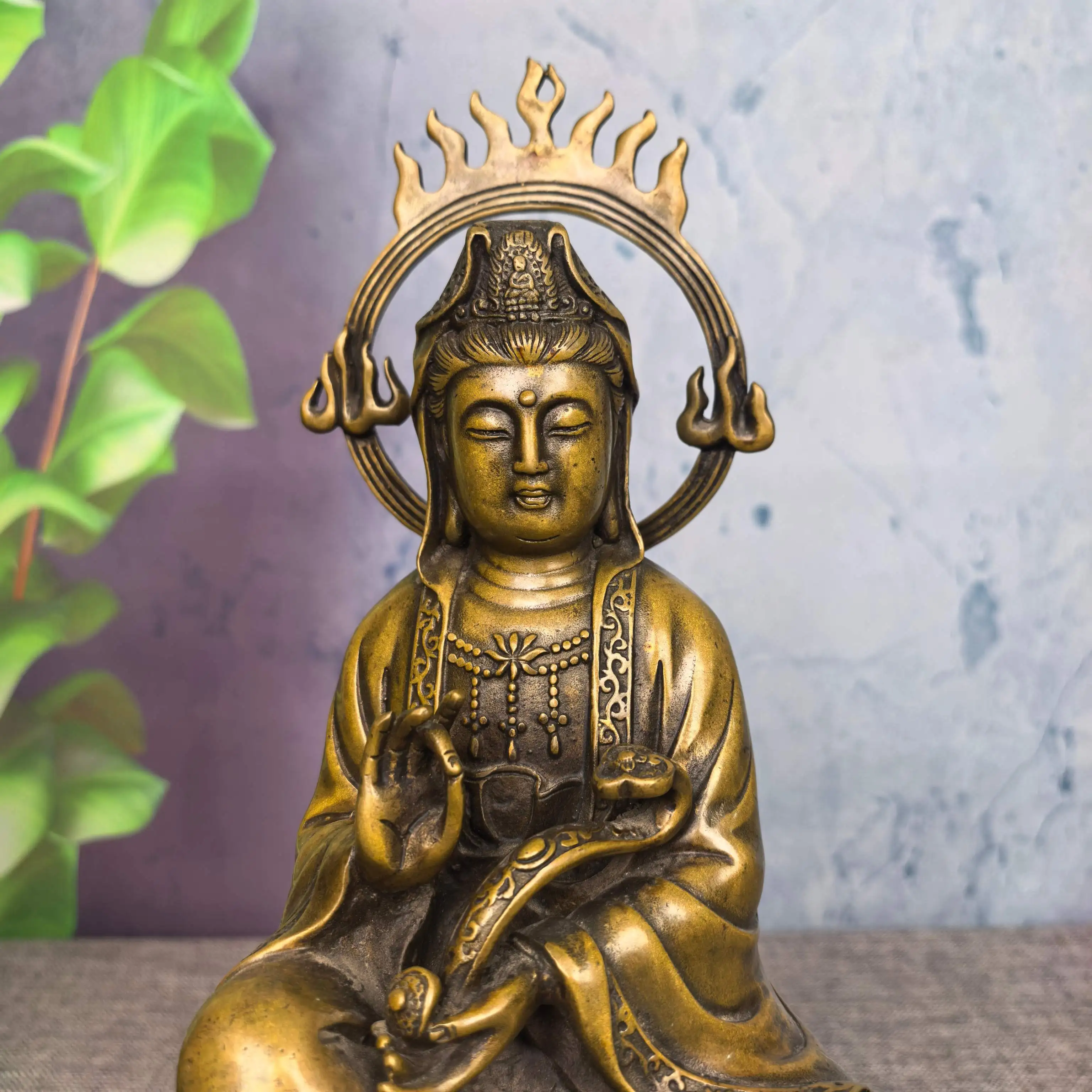 Old Brass Ruyi Flame Head Ring backlight Guanyin Bodhisattva Seated Buddha Amass wealth Ornaments